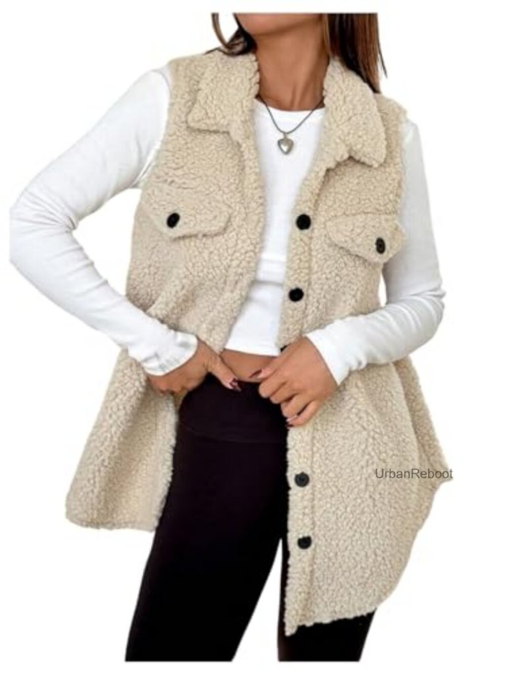 Fuzzy Fleece Teddy Vest Button Down Collared Thigh Length Winter Layer